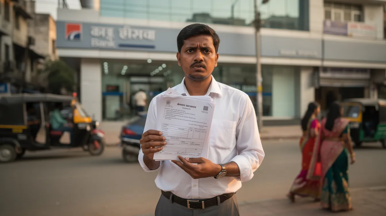 A small entrepreneur stands outside a bank branch in India, holding paperwork related to their loan application under the Pradhan Mantri Mudra Yojana scheme. The entrepreneur appears determined, ready to submit the required documents for their business loan aimed at income generation and employment creation.
