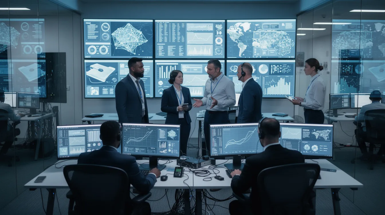 The image depicts a group of professionals in a secure operations center, intently reviewing data on multiple screens, highlighting their focus on information security management and risk assessment processes. This environment emphasizes the importance of maintaining compliance with ISO 27001 standards to protect sensitive data and enhance the organization's security posture.