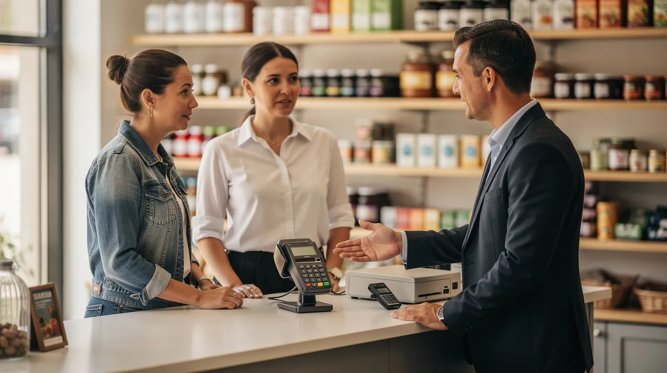 A merchant services provider is discussing credit card processing equipment with a small business owner at the point of sale in a retail store to help consumers pay. The scene captures the interaction over the counter, showcasing a register equipped with a credit card reader, highlighting the importance of payments for cash flow in small businesses on the job.