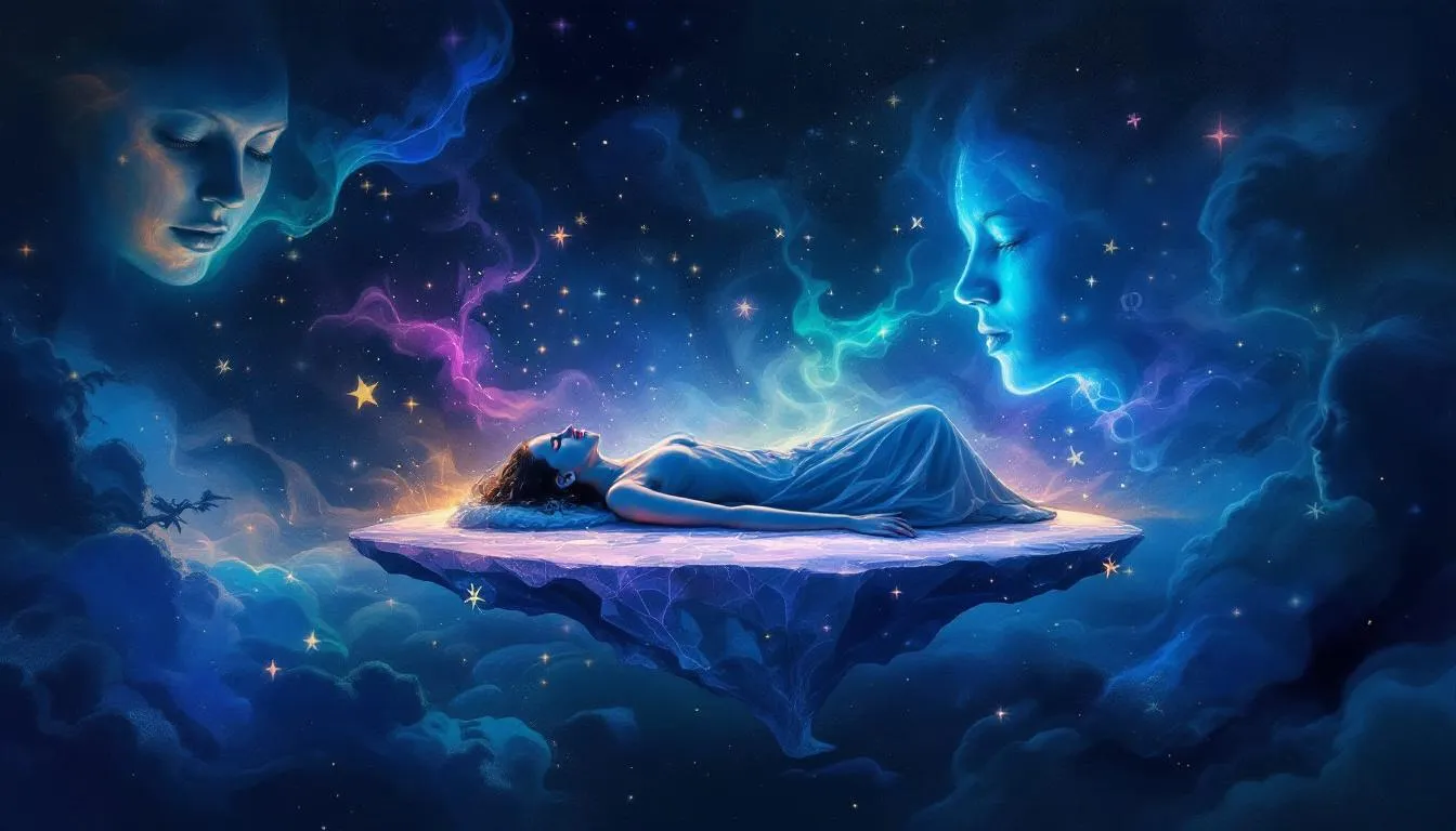 Obraz przedstawia symboliczne wyobrażenie podświadomości i emocji związanych z hipnozą, ukazując różnorodne barwy i kształty, które odzwierciedlają stan hipnozy oraz proces terapeutyczny. W tle można dostrzec elementy związane z hipnozą regresyjną, co sugeruje jej zastosowanie w leczeniu negatywnych emocji i odkrywaniu źródeł problemów.