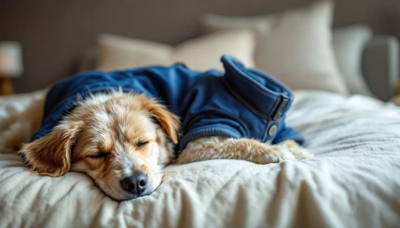 A dog is peacefully sleeping while wearing a heather gray thunder jacket, which applies gentle calming pressure to help reduce anxiety during stressful situations. This calming vest is a vet-recommended solution for anxious dogs, promoting a sense of security and comfort.