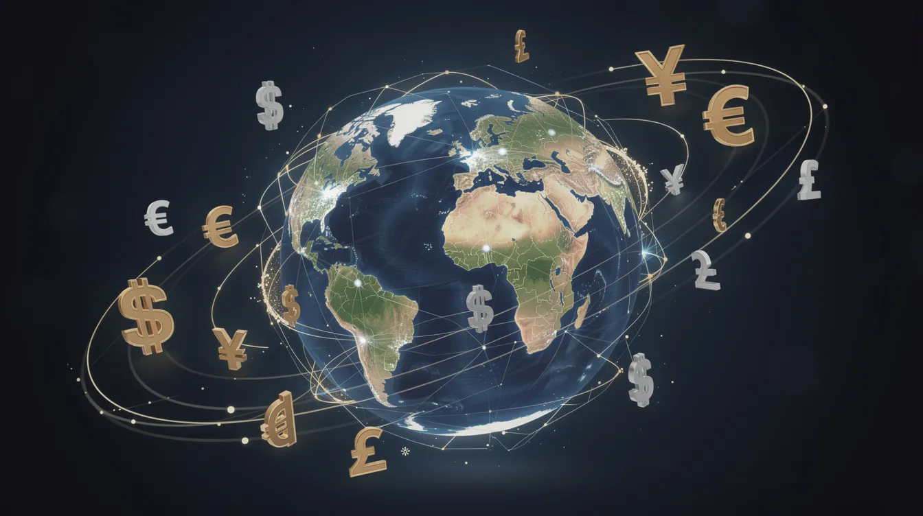 The image depicts a globe surrounded by various currency symbols and illustrated banking network connections, symbolizing the global financial system. It highlights concepts such as the Indian Financial System Code (IFSC) and international money transfers, emphasizing the importance of correct bank codes for successful electronic funds transfer.
