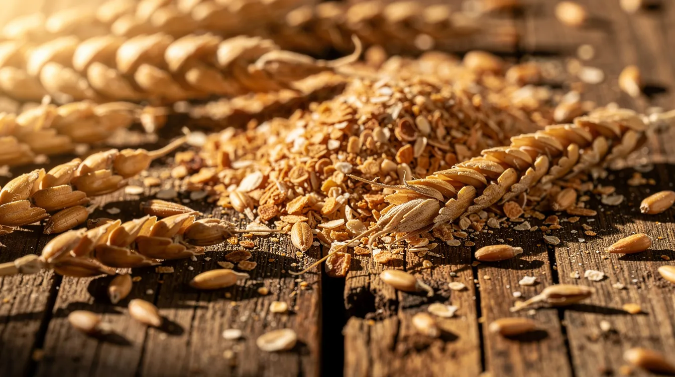 A close-up view of scattered wheat grains and wheat bran on a rustic wooden surface, highlighting the natural textures and colors of these essential ingredients used in flour mill production. This image reflects the raw materials vital for creating high-quality wheat flour in a flour mill plant.