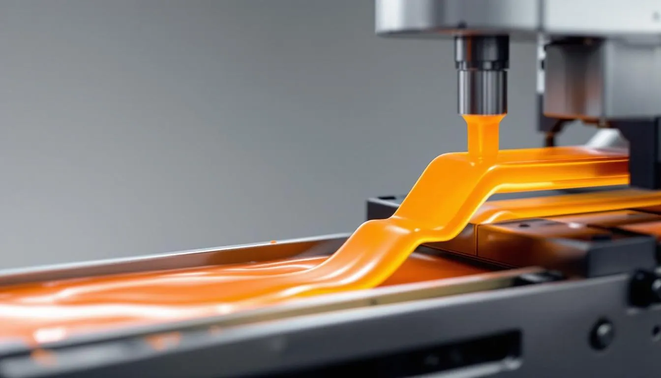A visual representation of the plastic extrusion process with molten plastic being formed.