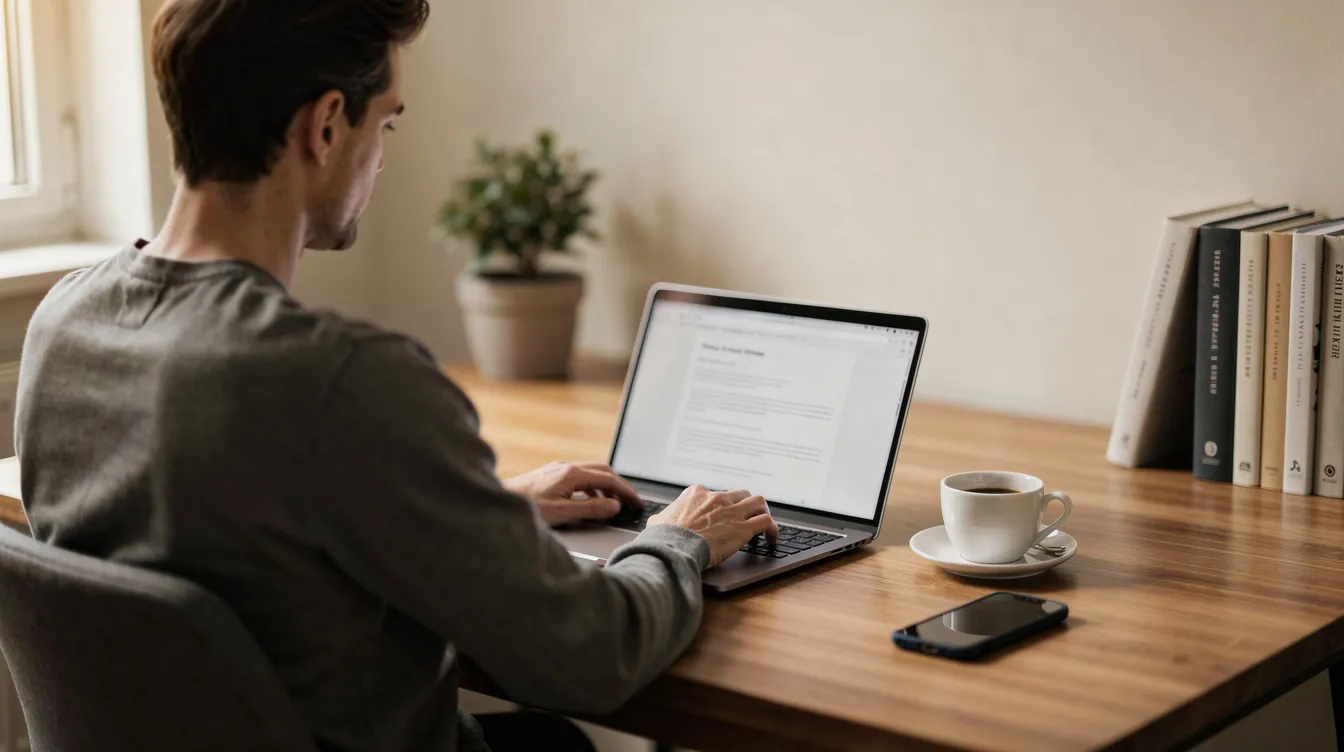 A person is seated at a desk in a home office, working on a laptop with a coffee cup and a smartphone within reach. This setting reflects the daily operations of a small business, where managing finances through options like a Starling business account or comparing business bank accounts is essential for effective expense management and international payments.