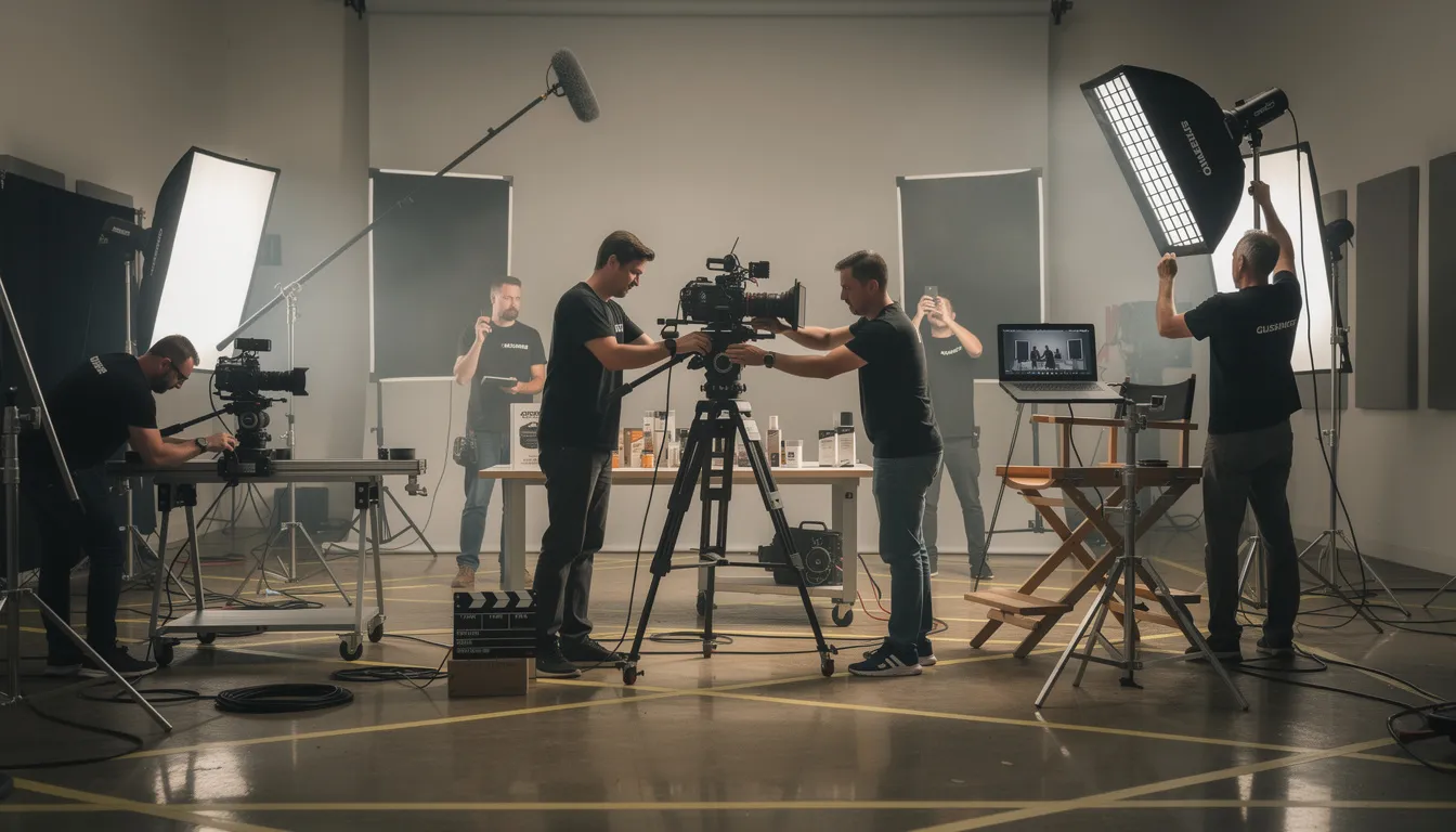 A professional video production team is seen setting up cameras and lighting equipment on location for a commercial shoot, preparing to create a compelling brand launch video that effectively communicates the brand's story and engages potential customers. The atmosphere is focused and energetic, emphasizing the importance of high-quality visuals and a clear marketing strategy for the upcoming product launch.
