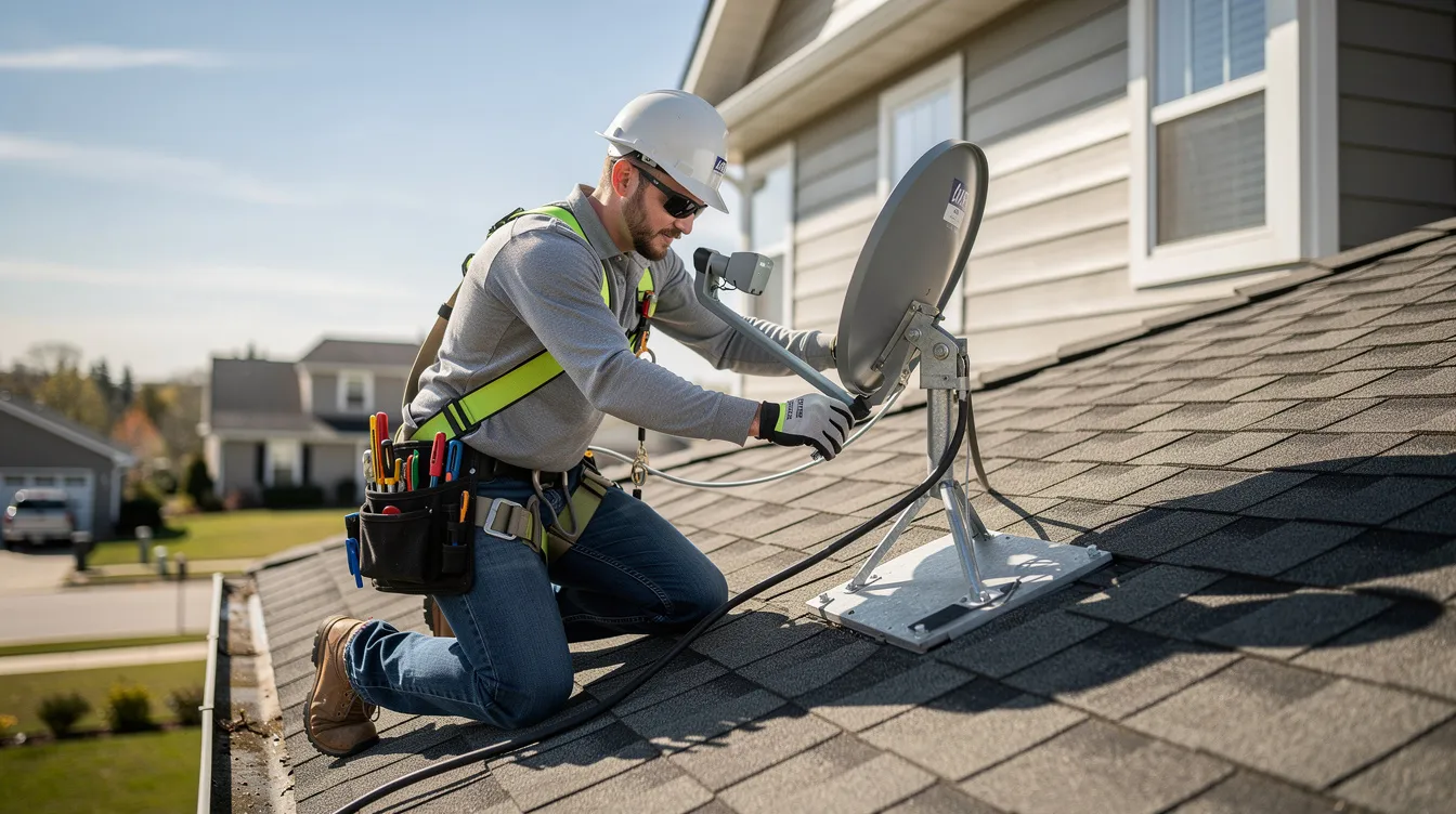 A professional technician is seen installing a satellite dish on a residential roof, ensuring optimal signal reception for a new DSTV system. This installation service highlights the expertise of accredited DSTV installers in Glentana, providing reliable and efficient solutions for customers.