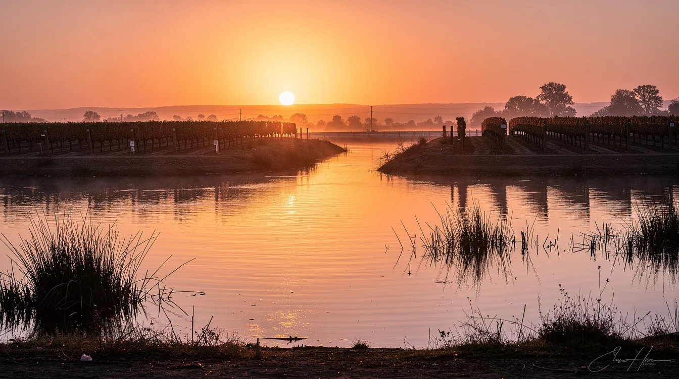 The image captures a stunning sunset over the Sacramento River Delta, where silhouettes of vineyards contrast against a warm orange sky that reflects on the calm waters. This picturesque scene embodies the beauty of the Clarksburg wine country, highlighting its serene atmosphere and the rich agricultural landscape of Northern California.