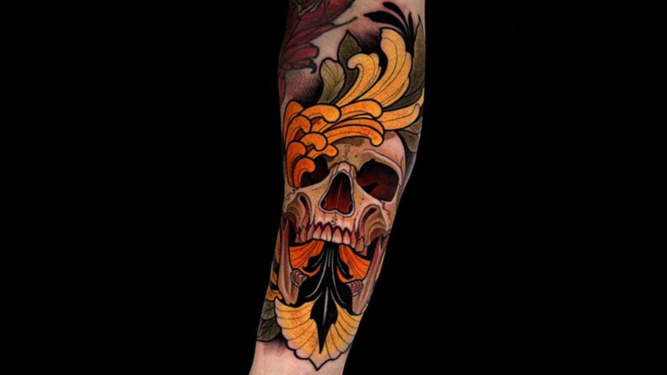 Neo-traditional floral skull half sleeve by Matt Truiano.