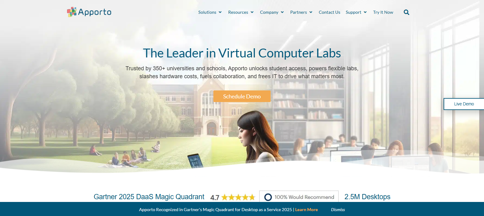 Apporto virtual computer labs platform homepage showcasing browser-based cloud desktops and virtual lab solutions, a leading Skytap alternative for enterprise and education