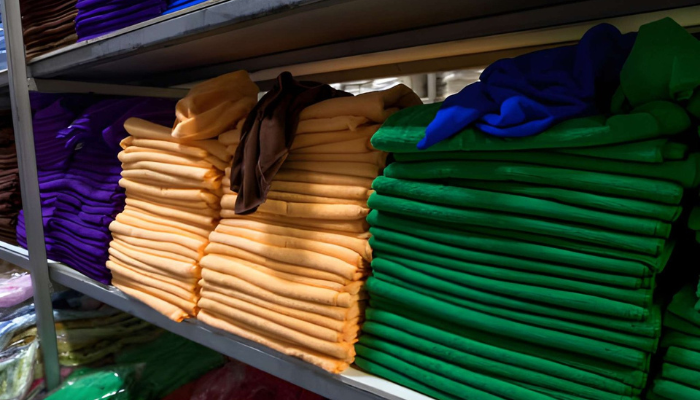 Stocked microfiber towels in a warehouse by a cleaning company