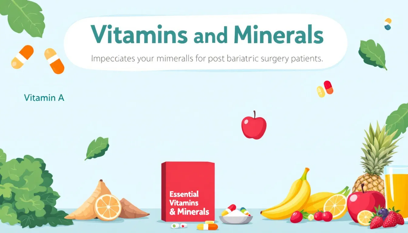 Essential vitamins for post-bariatric surgery, including various vitamin and mineral supplements.