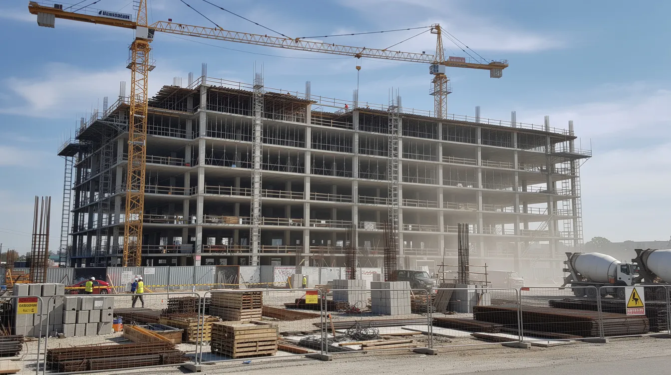 The image depicts a bustling construction site of a large multi-storey building, featuring cranes and visible steel reinforcement, indicative of ongoing hotel construction. This project, likely part of the luxury hotel industry, involves significant upfront costs and detailed estimates related to construction materials and site preparation.