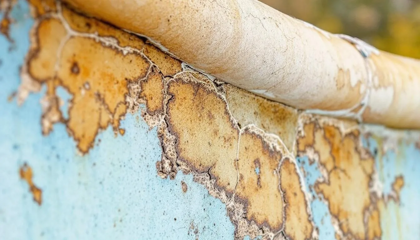 A close-up view of a fiberglass pool showing signs of wear and tear, representing the assessment process for fiberglass pool restoration.