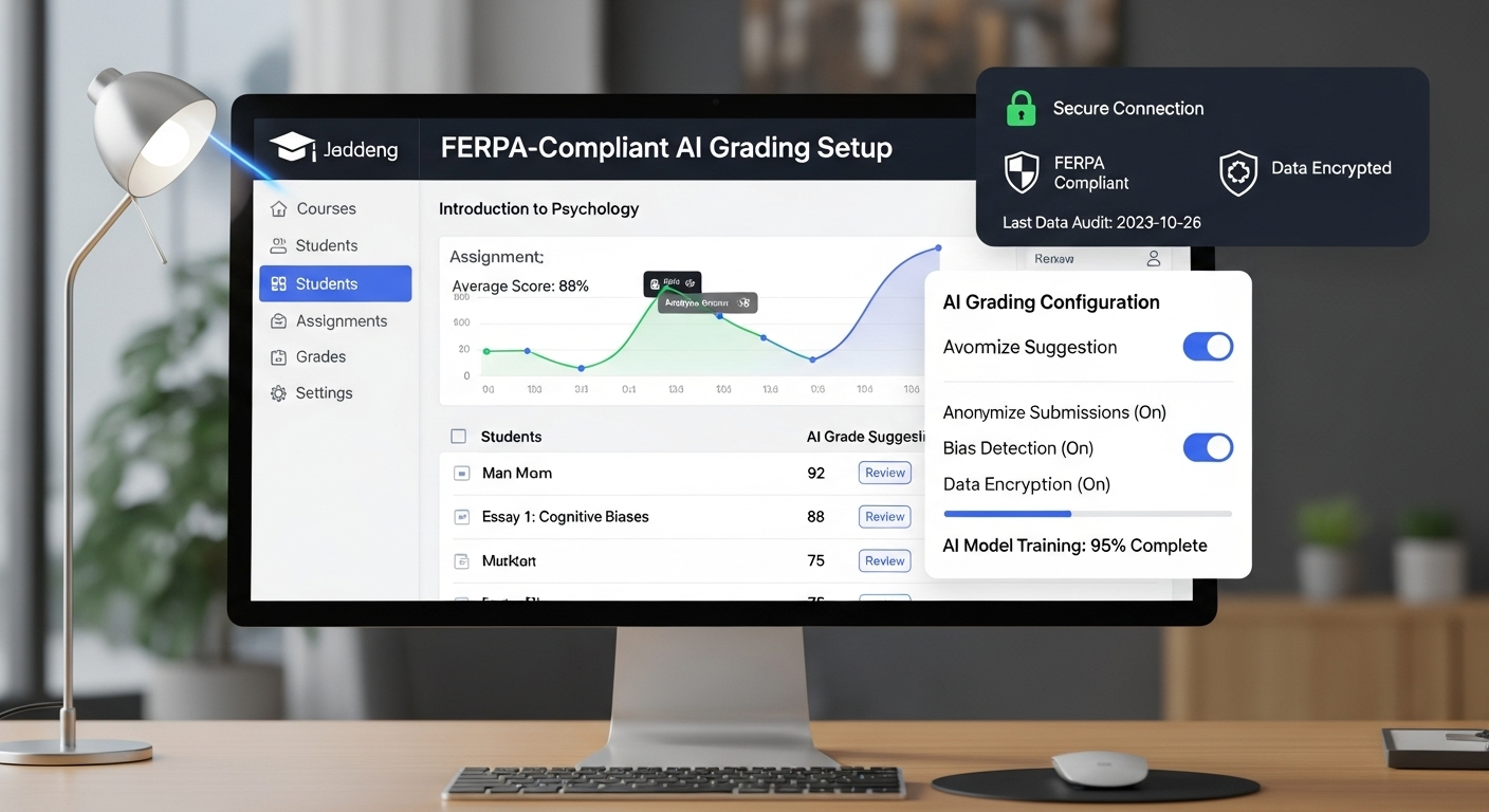 Secure education technology interface showing FERPA-compliant AI grading setup and data protection indicators