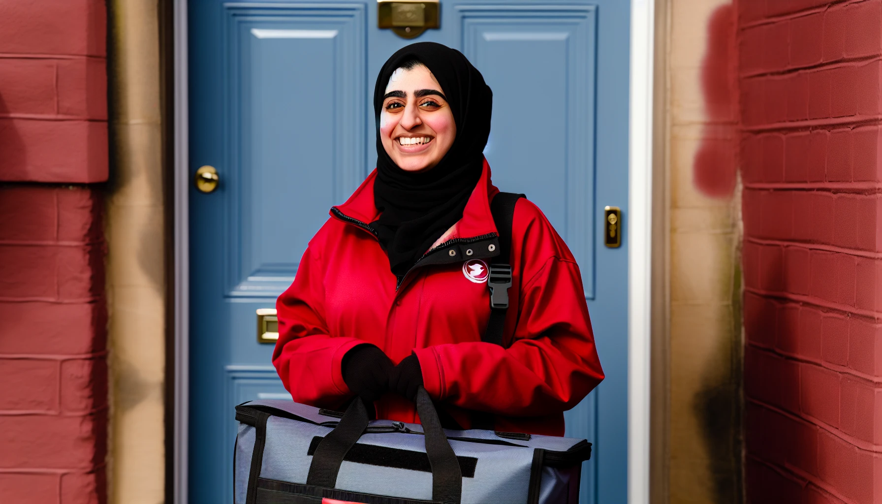 A woman delivering food to a customer's doorstep