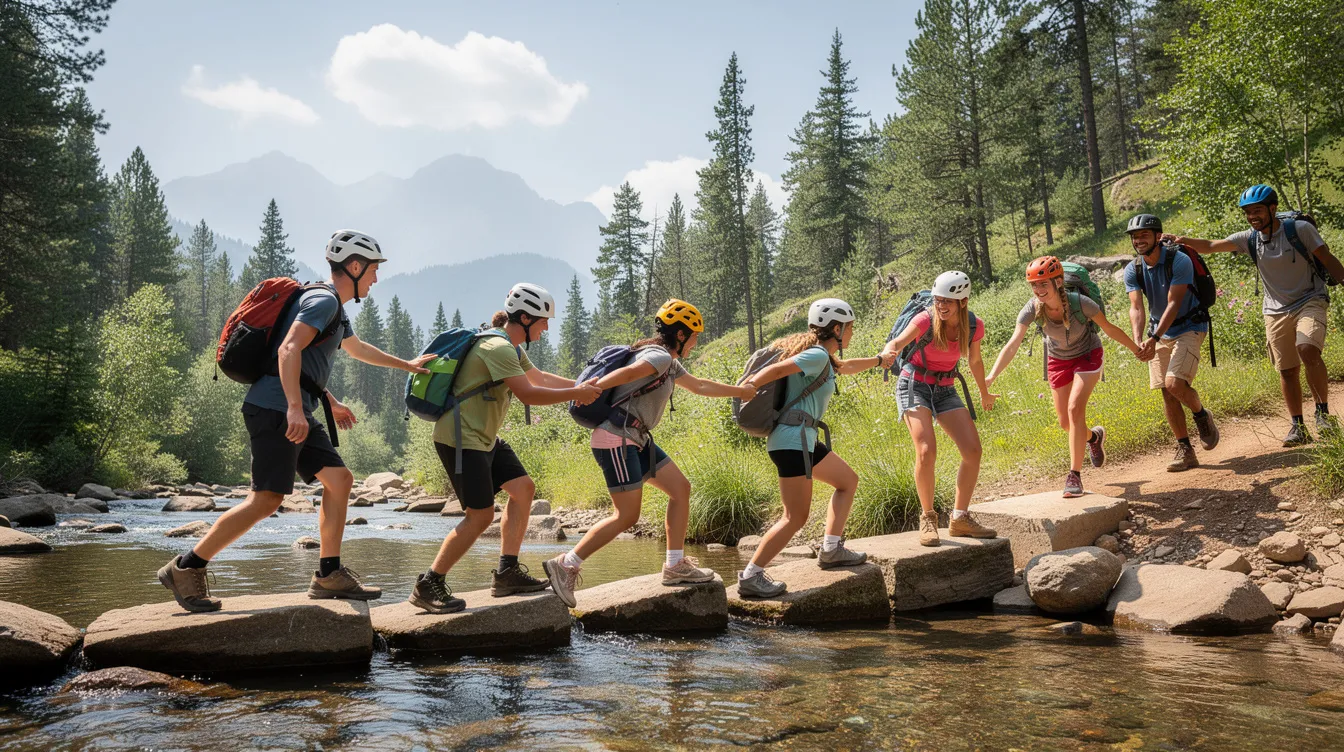 A group of teenagers, including teenage girls, is engaged in an outdoor adventure activity, surrounded by a scenic natural setting with trees and mountains. This physical activity may help combat feelings of extreme fatigue and improve their mental health, which is a common concern for many teenagers facing sleep disorders and chronic fatigue.
