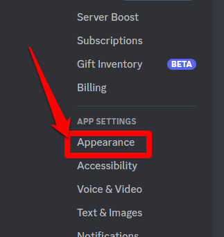 App settings category on Discord