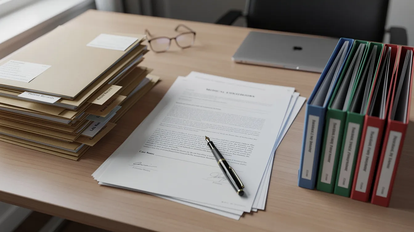 The image shows a neatly organized desk filled with legal documents and medical files, likely related to social security disability claims. These documents may include medical evidence, denial notices, and hearing requests essential for the appeals process overseen by an administrative law judge (ALJ).