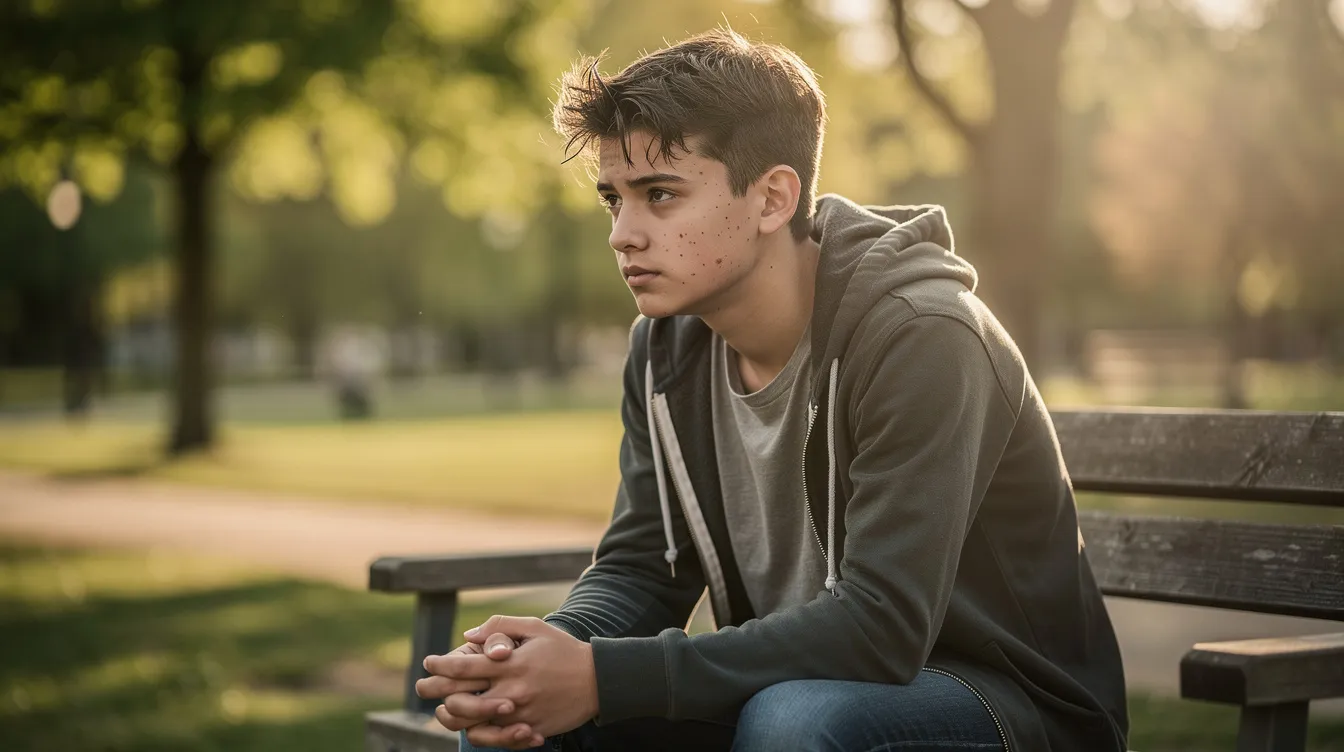 A thoughtful teenage boy sits outdoors, lost in contemplation, reflecting on his emotions and experiences. This scene captures the essence of mental health struggles, such as ADHD symptoms, that many teen boys face as they navigate their feelings and peer relationships.