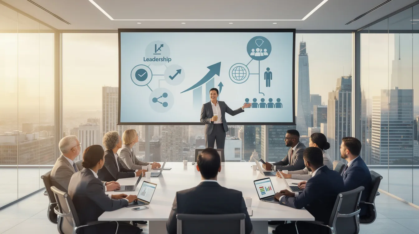 The image depicts a diverse group of professionals engaged in a leadership workshop, focusing on developing essential leadership skills such as emotional intelligence and effective communication. Participants are collaborating on team building activities, highlighting the importance of a clear vision and shared goals in achieving long-term success within their organizations.
