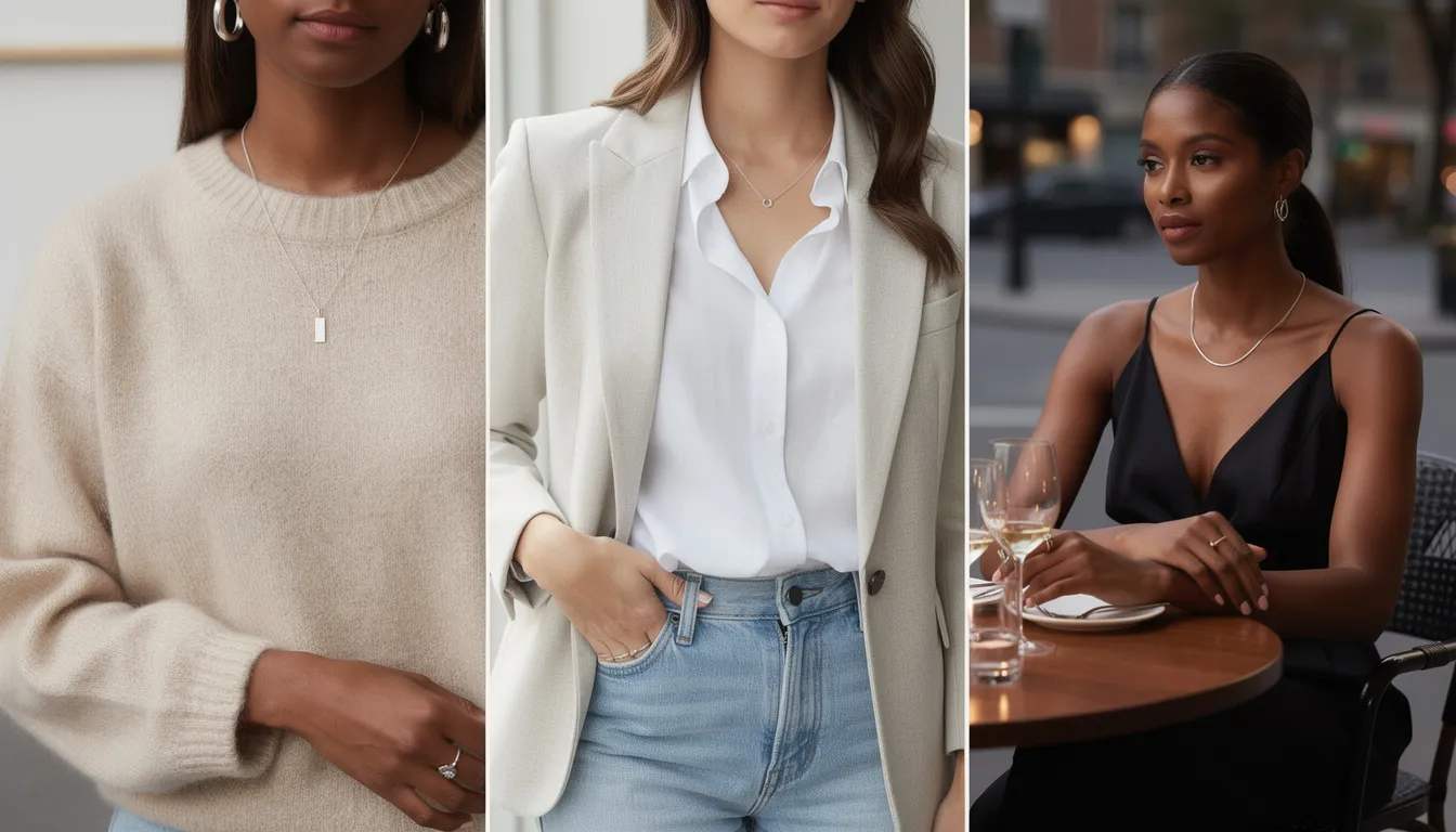 A stylish silver everyday necklace is displayed, showcasing its versatility for various outfits and occasions. This sterling silver piece can be adorned with initial pendants or worn as a simple chain, making it a perfect choice for both casual and contemporary looks.