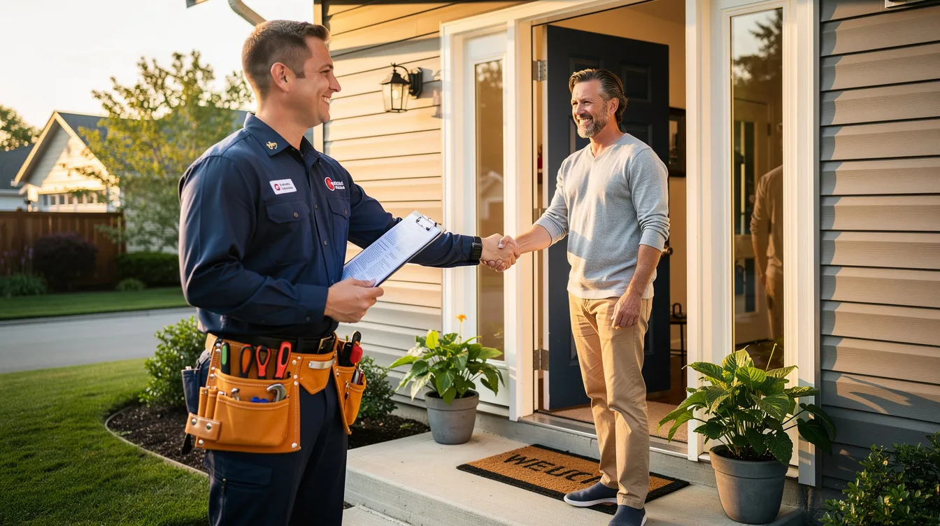 A smiling technician in a clean uniform shakes hands with a homeowner at their front door, representing a professional plumbing service in Tacoma, WA. This friendly interaction highlights the technician's commitment to providing reliable plumbing repairs and expertise to homeowners.