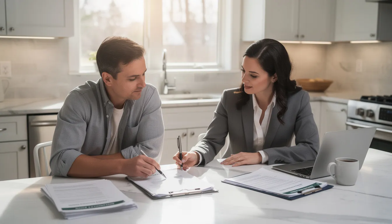A real estate agent and a homeowner are seated at a kitchen table, reviewing important documents related to the home sale process. The scene captures the collaboration necessary for navigating the competitive Connecticut housing market, where understanding factors like median sale price and buyer demand can significantly influence the selling strategy.