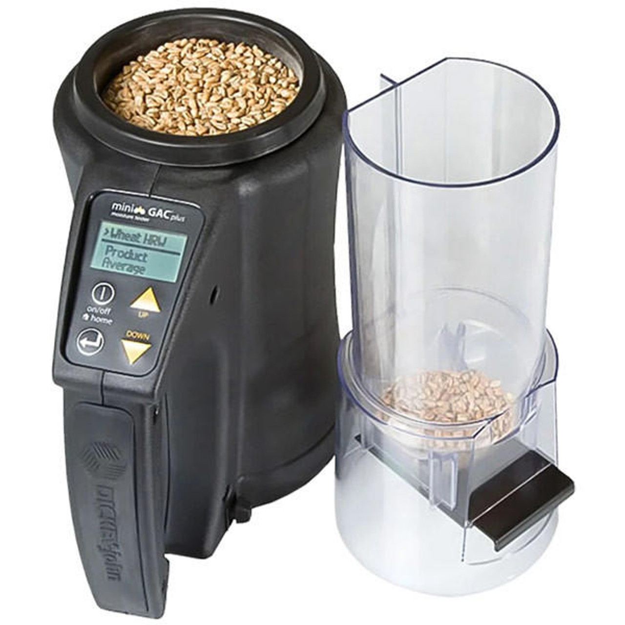 A handheld grain moisture analyzer with an internal scale and automatic temperature compensation