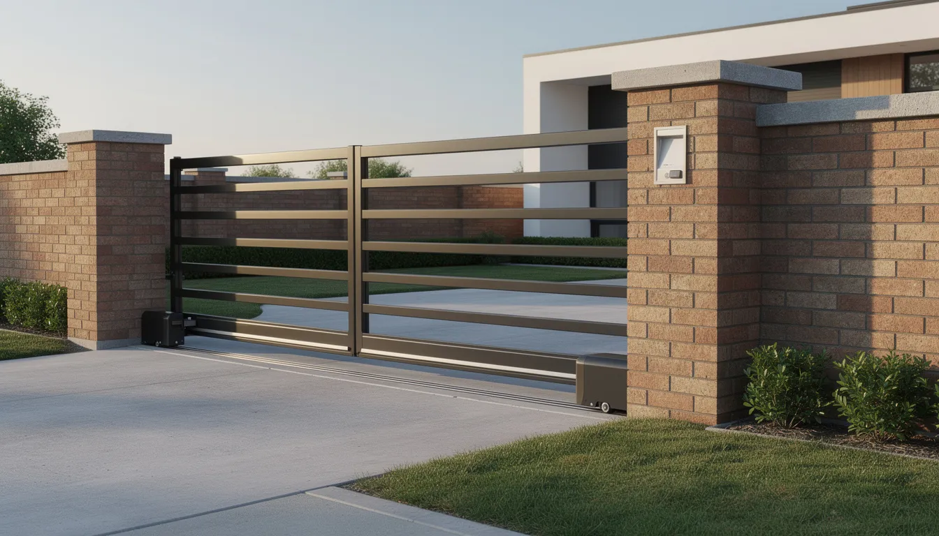 A modern automatic sliding gate is opening on a residential driveway, flanked by sturdy brick pillars, showcasing a sleek design that enhances the property's security and aesthetics. This electric sliding gate represents a high-quality solution for homeowners looking to automate their entryways.