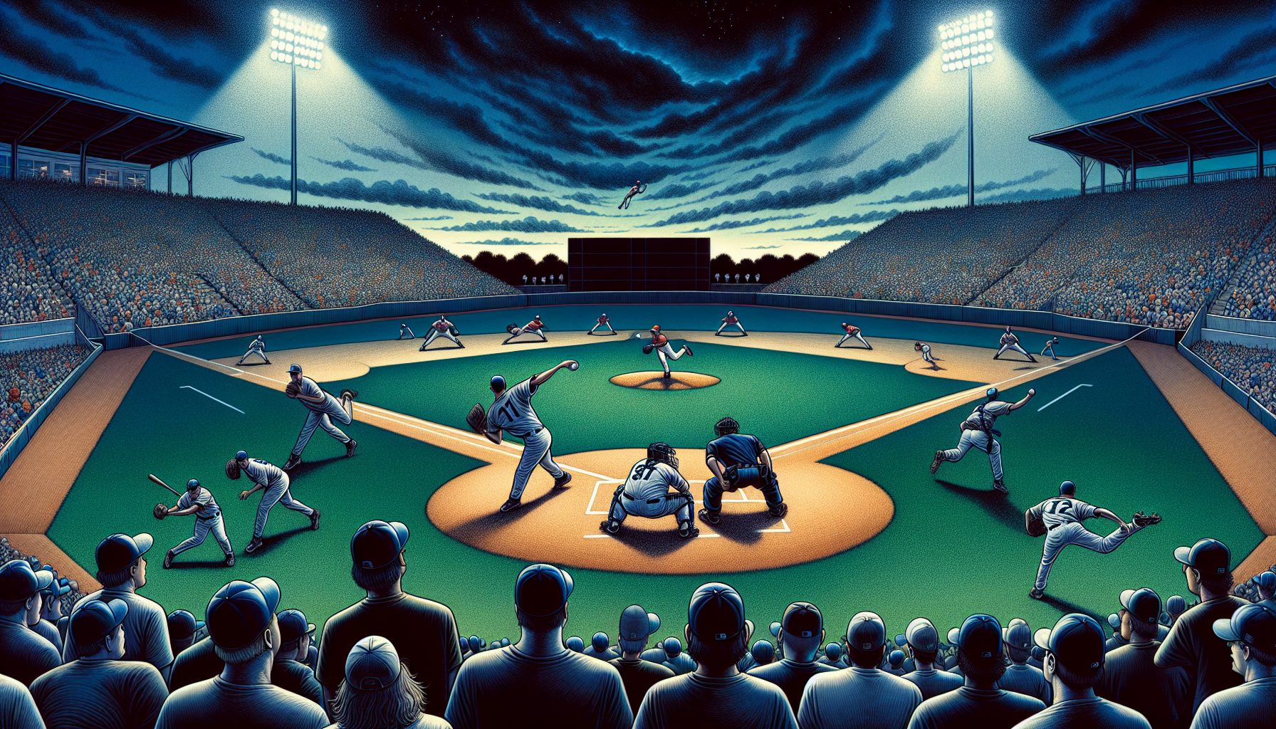 Illustration of a baseball game in extra innings