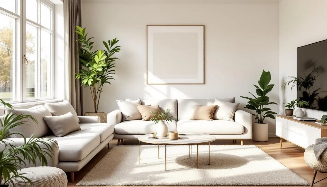 A cozy living room with indoor plants, creating a nature-inspired and inviting atmosphere.