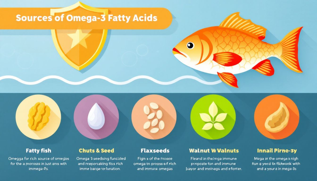 Sources of omega-3 fatty acids, including fatty fish and nuts, beneficial for immune function.