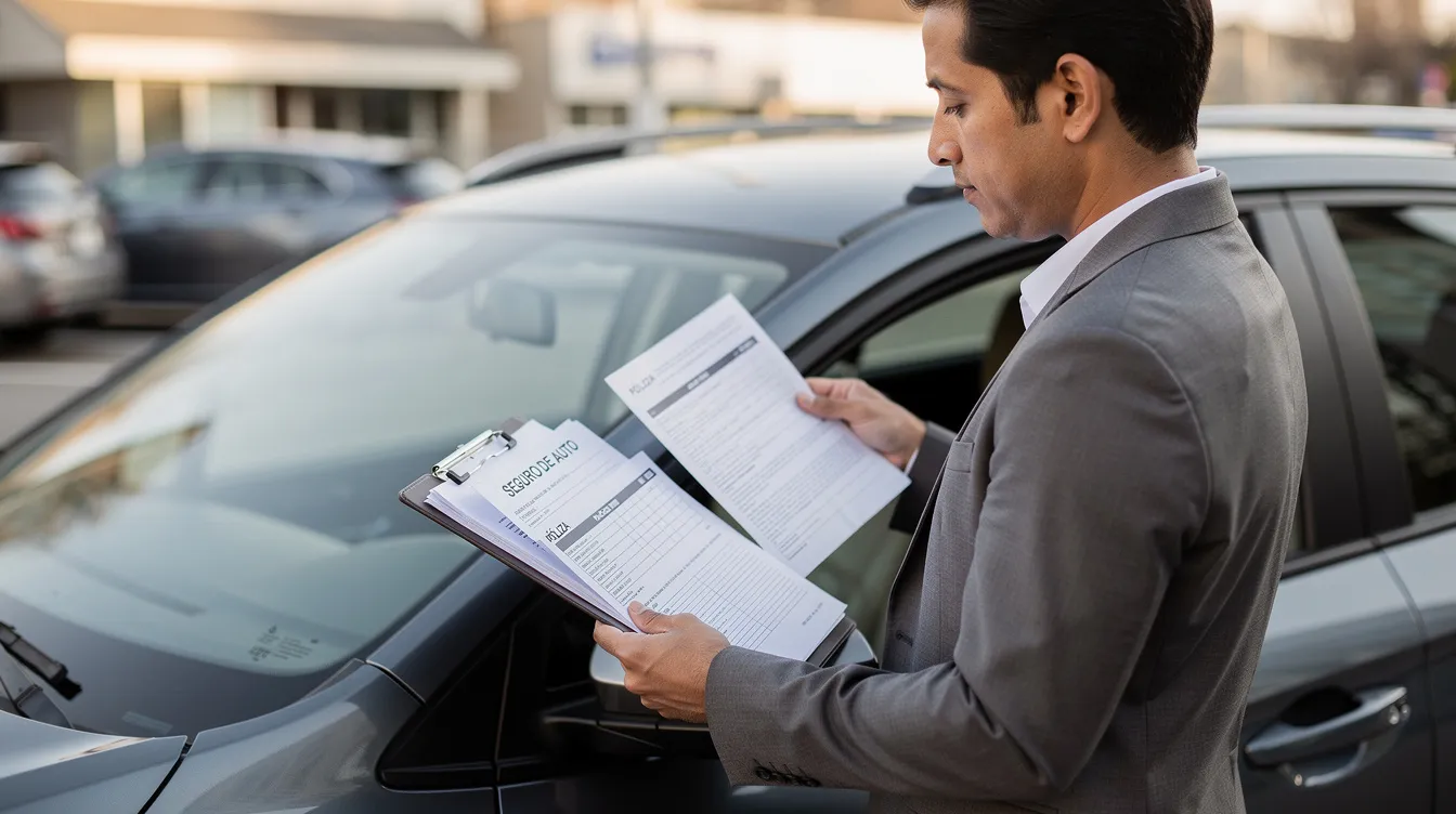 Una persona está revisando documentos de seguro junto a un automóvil estacionado, evaluando su póliza de seguro de auto y considerando opciones de cobertura y descuentos. El ambiente sugiere una atención cuidadosa a los detalles relacionados con la protección del vehículo y la responsabilidad civil.
