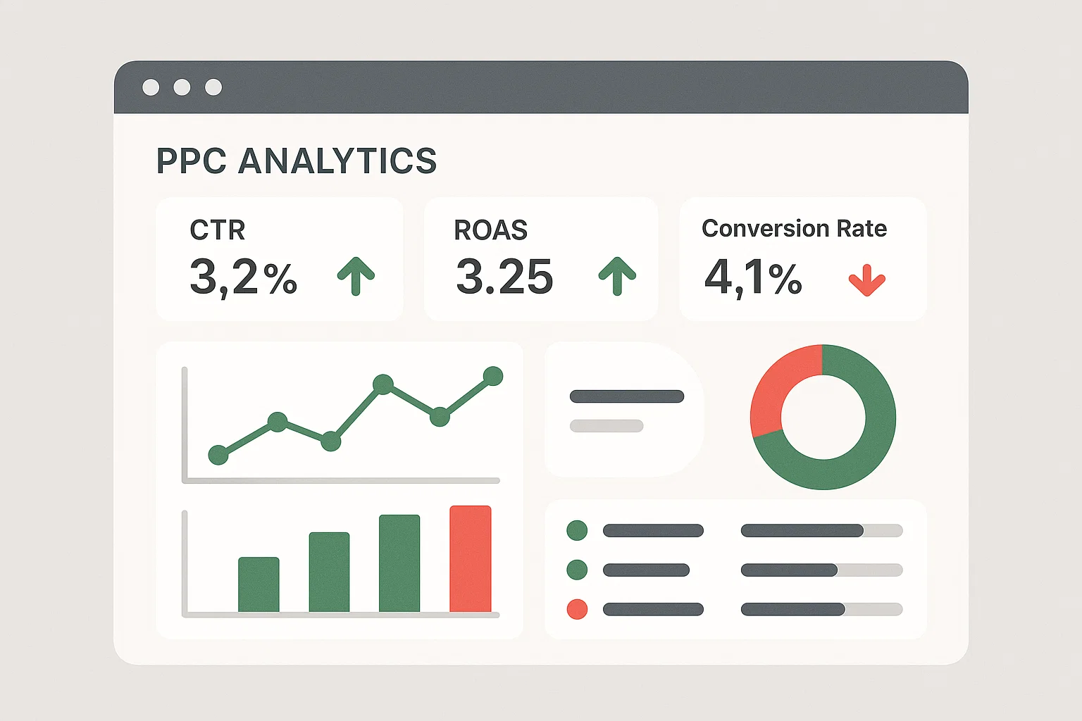 "PPC analytics dashboard showing performance metrics like CTR, ROAS, and conversion rate, with colour indicators for success, no human elements."