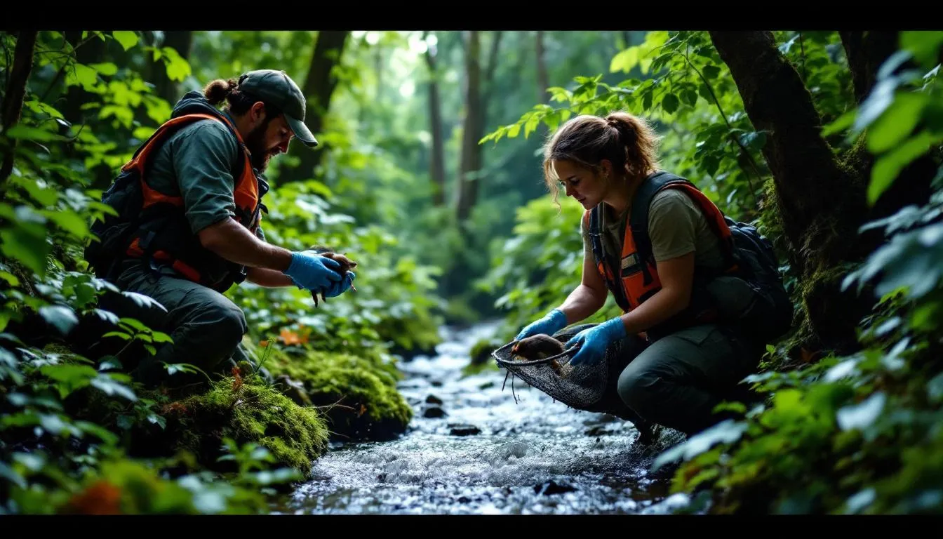 Best practices for humane wildlife relocation being demonstrated in a natural setting.