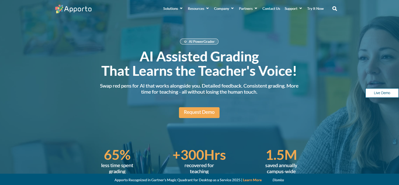 Apporto AI PowerGrader homepage showcasing AI-assisted grading with personalized feedback, teacher-guided assessment, and scalable higher education grading workflows.
