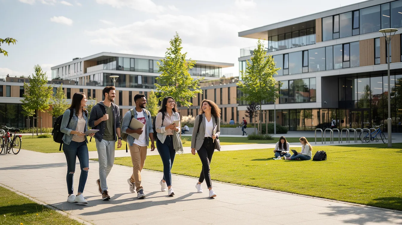A diverse group of international students is walking through a modern Scandinavian university campus, characterized by sleek glass buildings and lush green lawns. This vibrant environment reflects the commitment to learning and building relationships among students from around the world, including Filipinos from the Philippines, as they navigate their educational experience in Denmark.