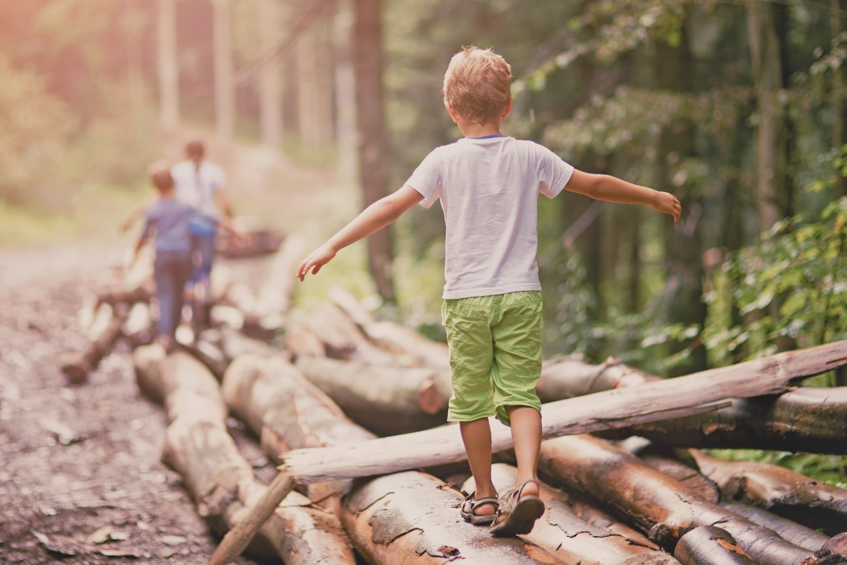 Child balancing on fallen tree trunks