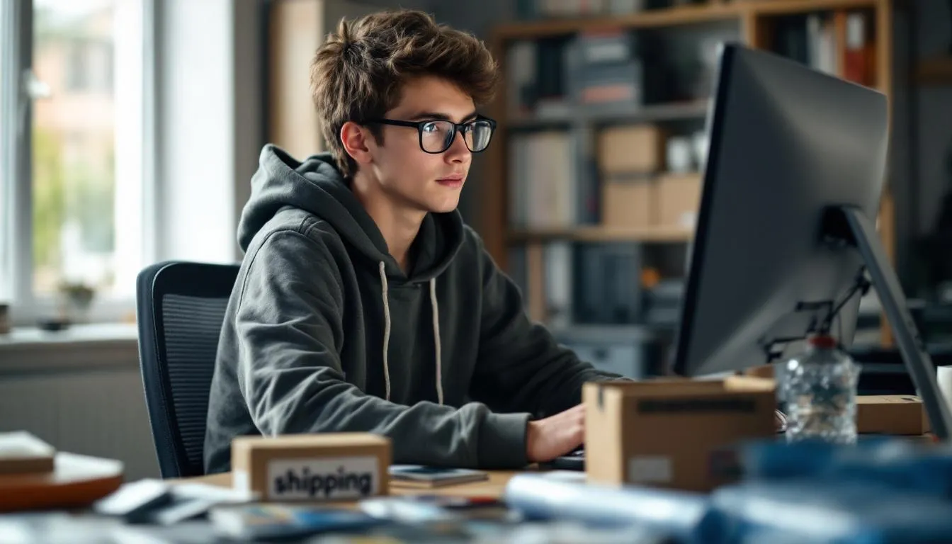 A person is seated at a computer, actively trading cards online, with various shipping materials such as boxes and tape nearby, indicating preparation for sending out orders. The scene captures the essence of modern online commerce in a home setting.