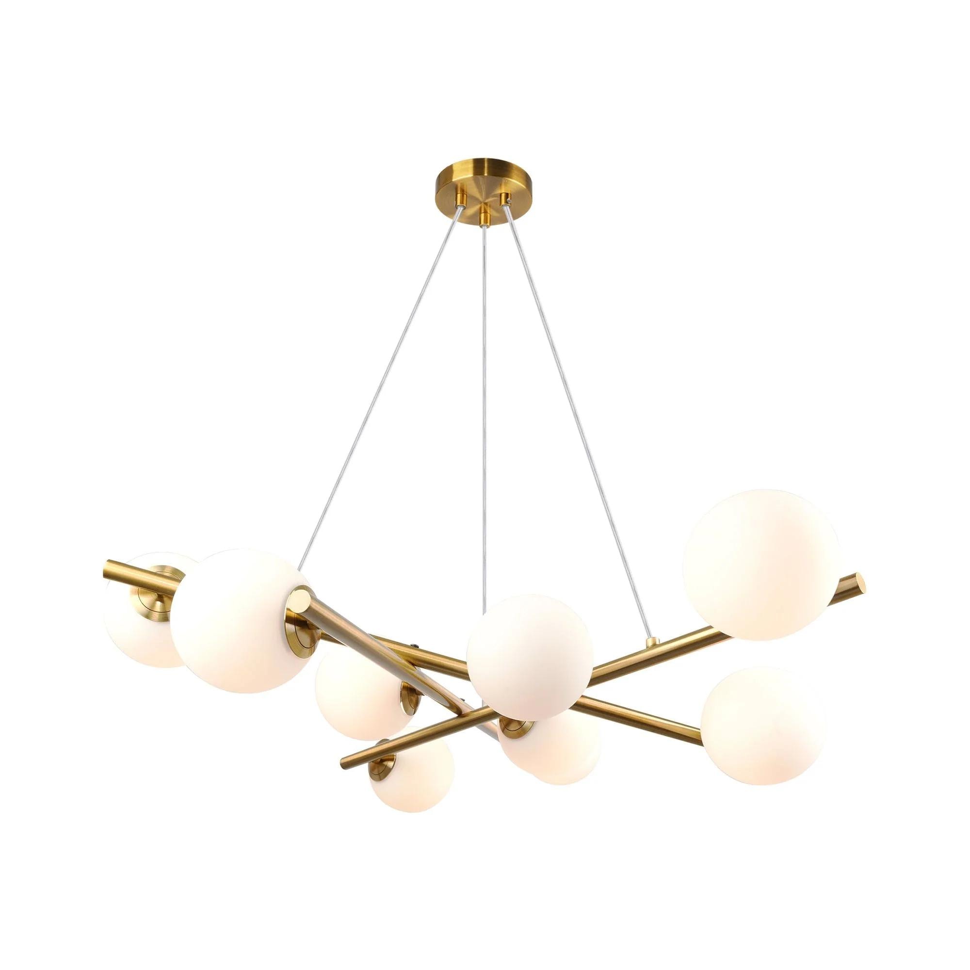 Modena 9-Light Chandelier by Artcraft Lighting: A modern chandelier with brass finish and spherical white glass shades arranged on sleek bars.