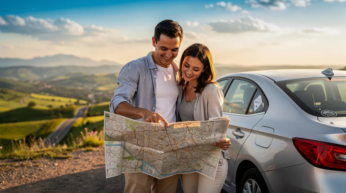 A happy couple stands beside their rental car, reviewing a map in a scenic location, likely planning their road trip while ensuring they comply with local driving laws in a foreign country. They may need an international driving permit to drive legally, as many countries require specific documents for international travelers.