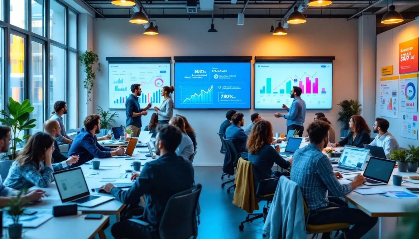 The image depicts a marketing agency team collaborating on a promotional marketing campaign, showcasing their commitment to creating tailored solutions for clients. The diverse group, including a marketing manager, is engaged in brainstorming sessions to drive results and enhance brand loyalty through innovative strategies.