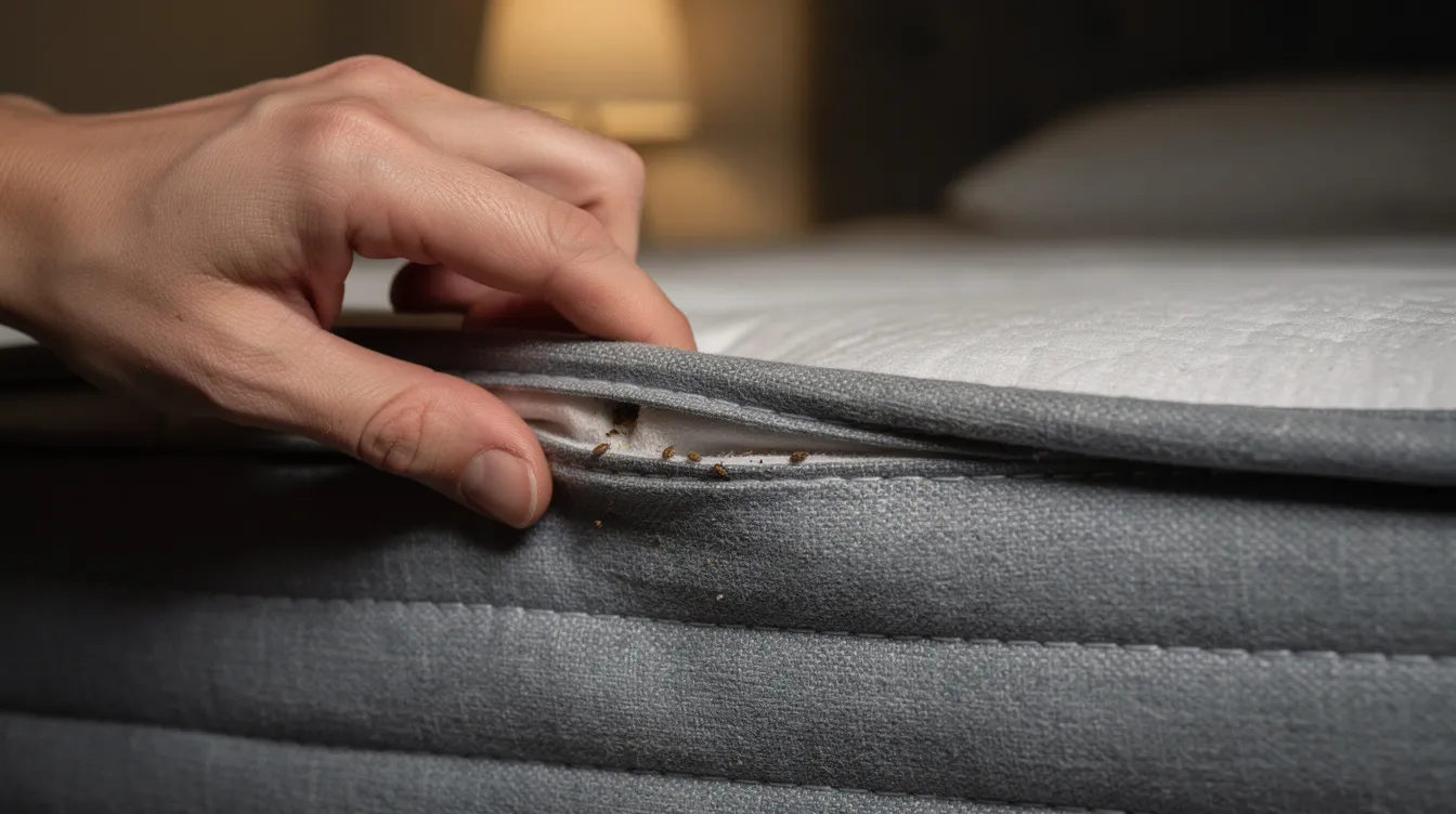 A person is carefully inspecting the seams of a mattress for signs of bed bugs, looking closely for any reddish-brown adult bedbugs or shed skins that may indicate a bed bug infestation. This thorough inspection is crucial in preventing bedbug bites and controlling these pests in sleeping areas.