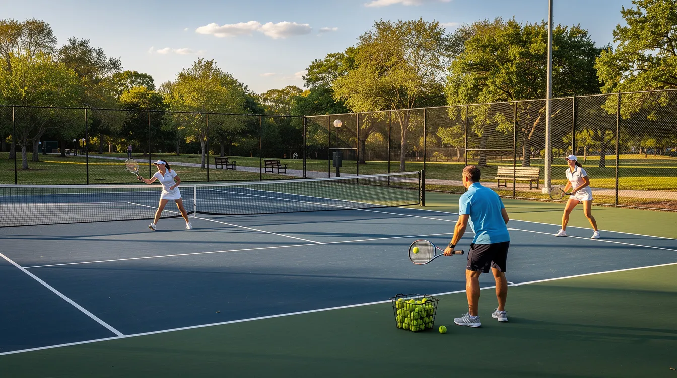 The image shows a wide outdoor tennis court at a public park, where two players are engaged in practice with a tennis coach during a sunny afternoon session. This setting is ideal for private tennis lessons or group tennis lessons, providing quality instruction for individuals or small groups looking to improve their skills.
