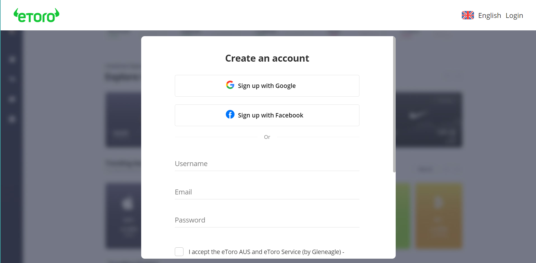 eToro signup page 