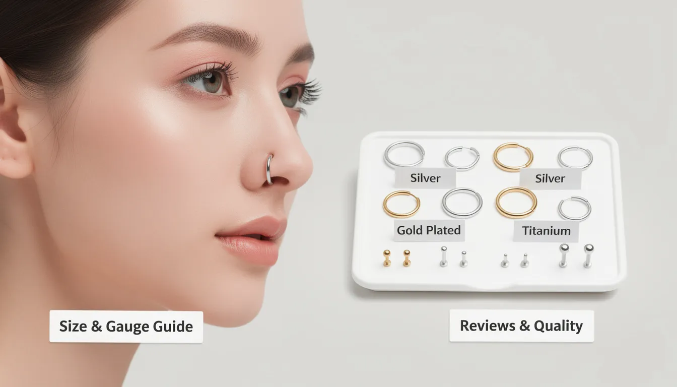 The image depicts a selection of silver ring nose piercings displayed on a soft fabric background, showcasing various designs and styles, including simple hoops and intricately crafted studs. Each piece is designed to reflect personal style while ensuring comfort and durability, ideal for everyday wear or special occasions.