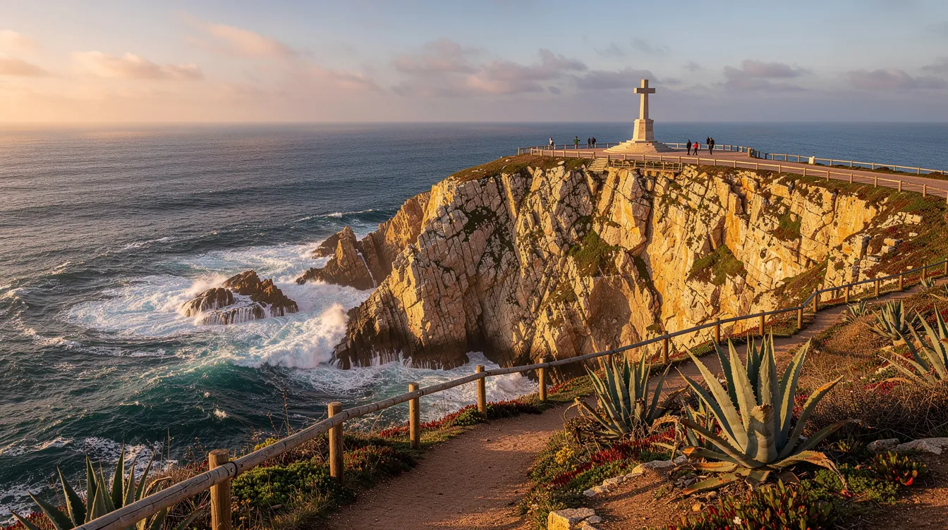Imagem do Cabo da Roca, em Portugal, mostrando um impressionante penhasco à beira-mar, onde o farol de Santa Marta se destaca contra o céu. A paisagem é marcada pela vegetação verdejante da Serra de Sintra, proporcionando uma vista deslumbrante do litoral e do mar.