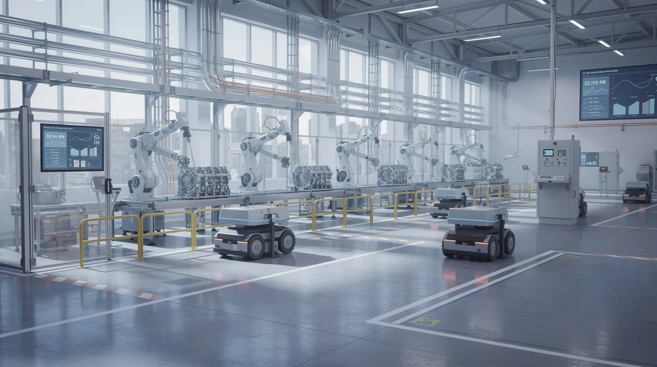 The image depicts autonomous machines operating within a modern industrial facility, showcasing the integration of artificial intelligence and machine learning technologies in real-world applications. These AI-driven systems enhance efficiency and decision-making processes, reflecting the advancements in AI research and the role of engineers and computer scientists in developing innovative solutions.