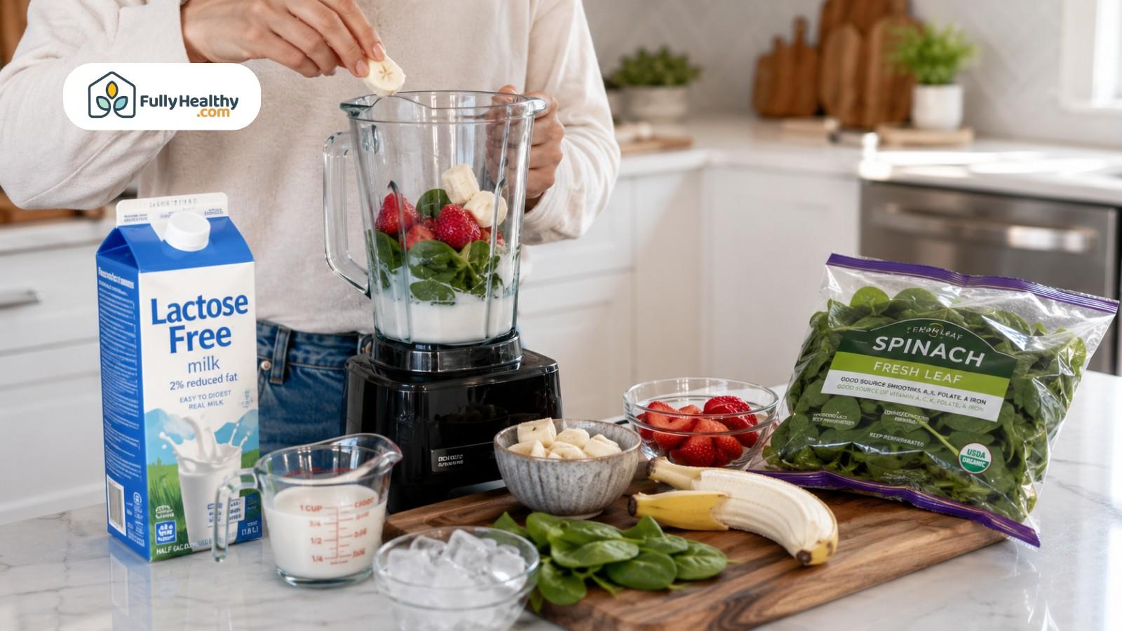 Person making low FODMAP smoothie with banana, strawberries, spinach, and lactose-free milk